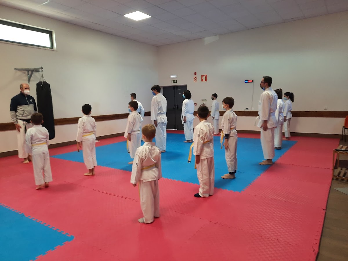 Aula de karaté para crianças no pavilhão, alunos de quimono branco em formação sobre os tatamis